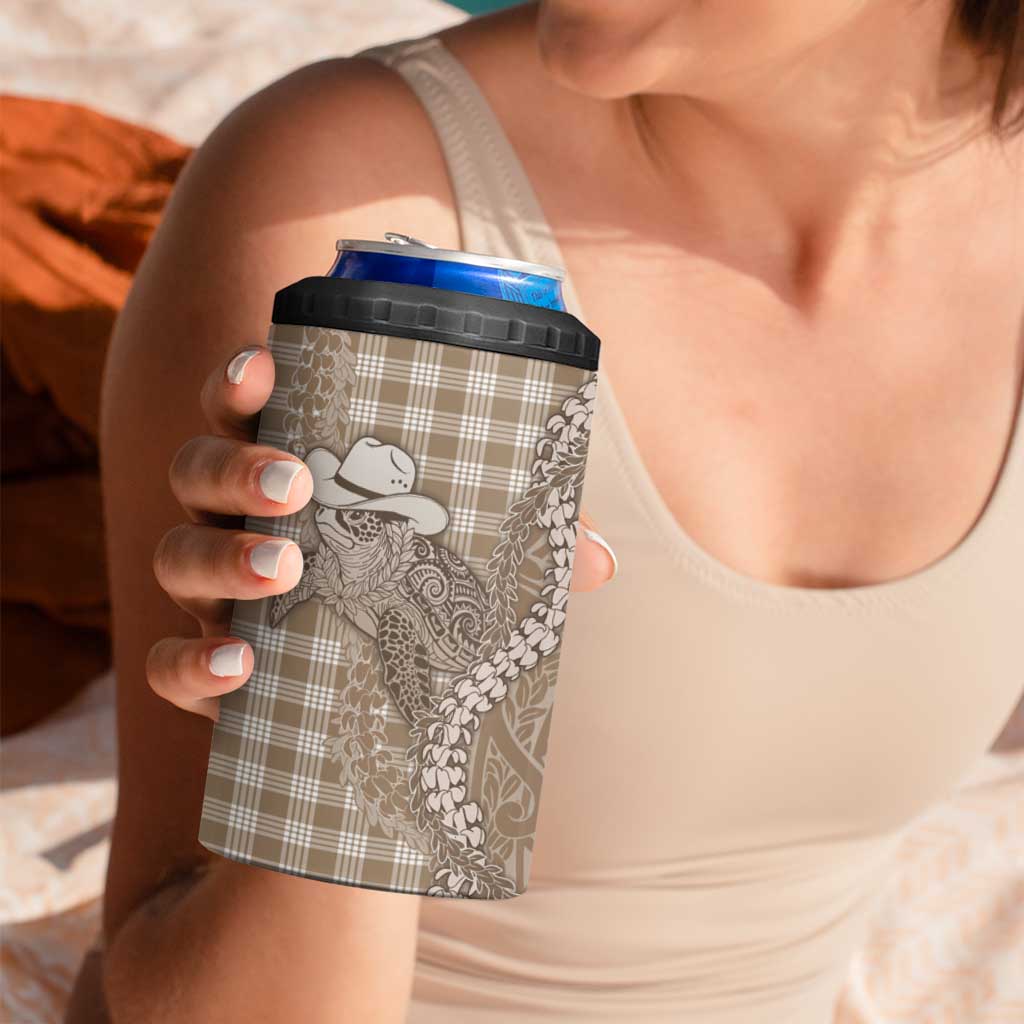 Beige Hawaii Palaka Cowboy Turtle 4 in 1 Can Cooler Tumbler Hawaiian Paniolo Puakenikeni Maile Lei DT05 - Polynesian Pride