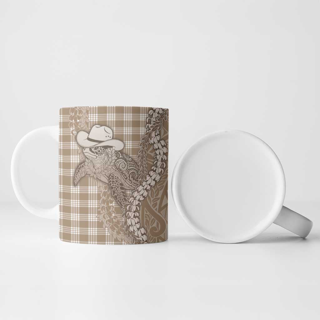 Beige Hawaii Palaka Cowboy Turtle Ceramic Mug Hawaiian Paniolo Puakenikeni Maile Lei - Polynesian Pride