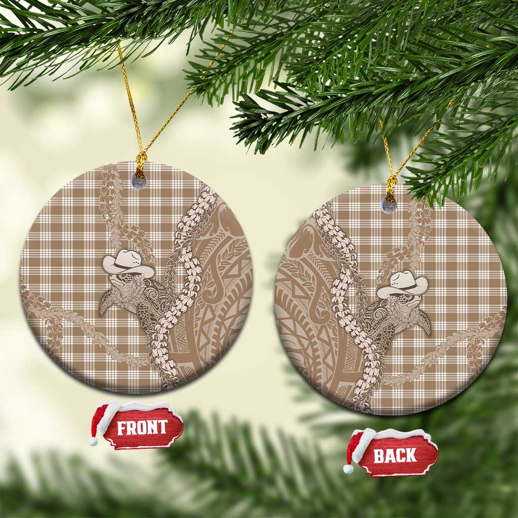 Beige Hawaii Palaka Cowboy Turtle Ceramic Ornament Hawaiian Paniolo Puakenikeni Maile Lei - Polynesian Pride