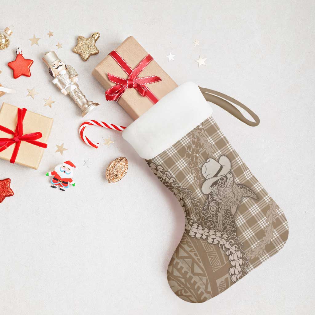 Beige Hawaii Palaka Cowboy Turtle Christmas Stocking Hawaiian Paniolo Puakenikeni Maile Lei - Polynesian Pride