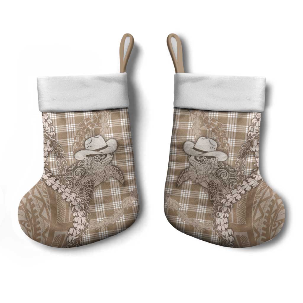 Beige Hawaii Palaka Cowboy Turtle Christmas Stocking Hawaiian Paniolo Puakenikeni Maile Lei - Polynesian Pride