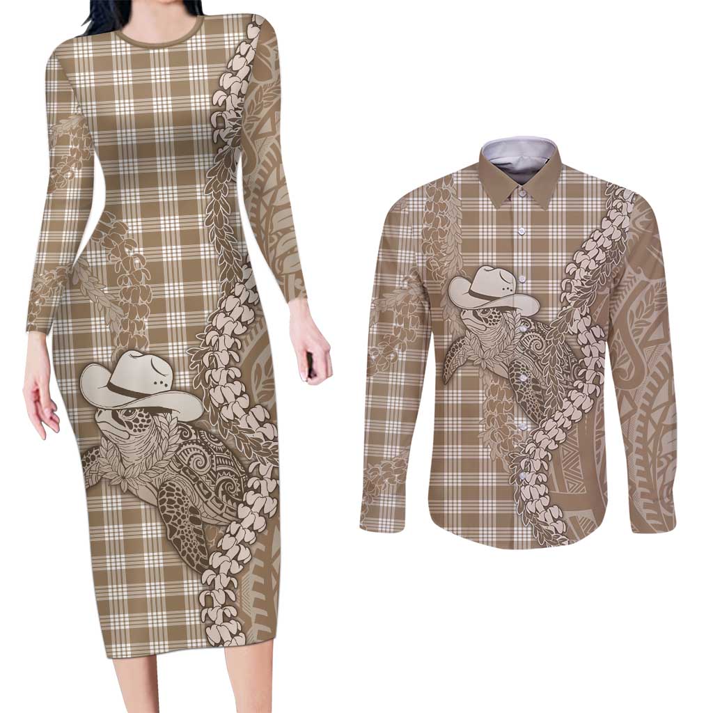 Beige Hawaii Palaka Cowboy Turtle Couples Matching Long Sleeve Bodycon Dress and Long Sleeve Button Shirt Hawaiian Paniolo Puakenikeni Maile Lei DT05 Beige - Polynesian Pride