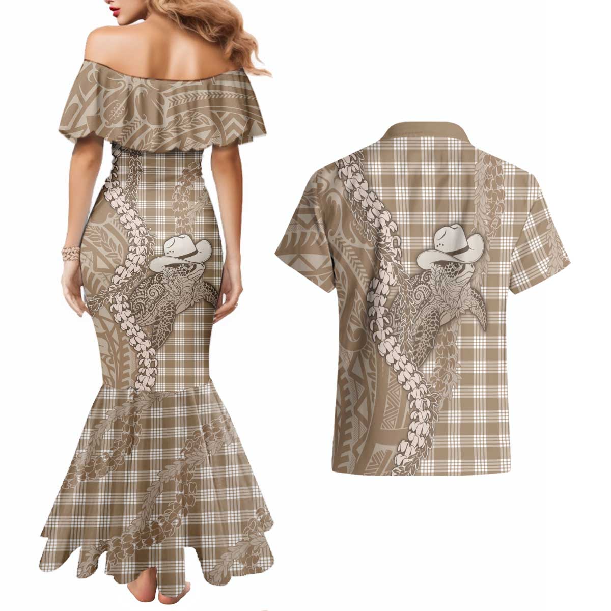 Beige Hawaii Palaka Cowboy Turtle Couples Matching Mermaid Dress and Hawaiian Shirt Hawaiian Paniolo Puakenikeni Maile Lei DT05 - Polynesian Pride