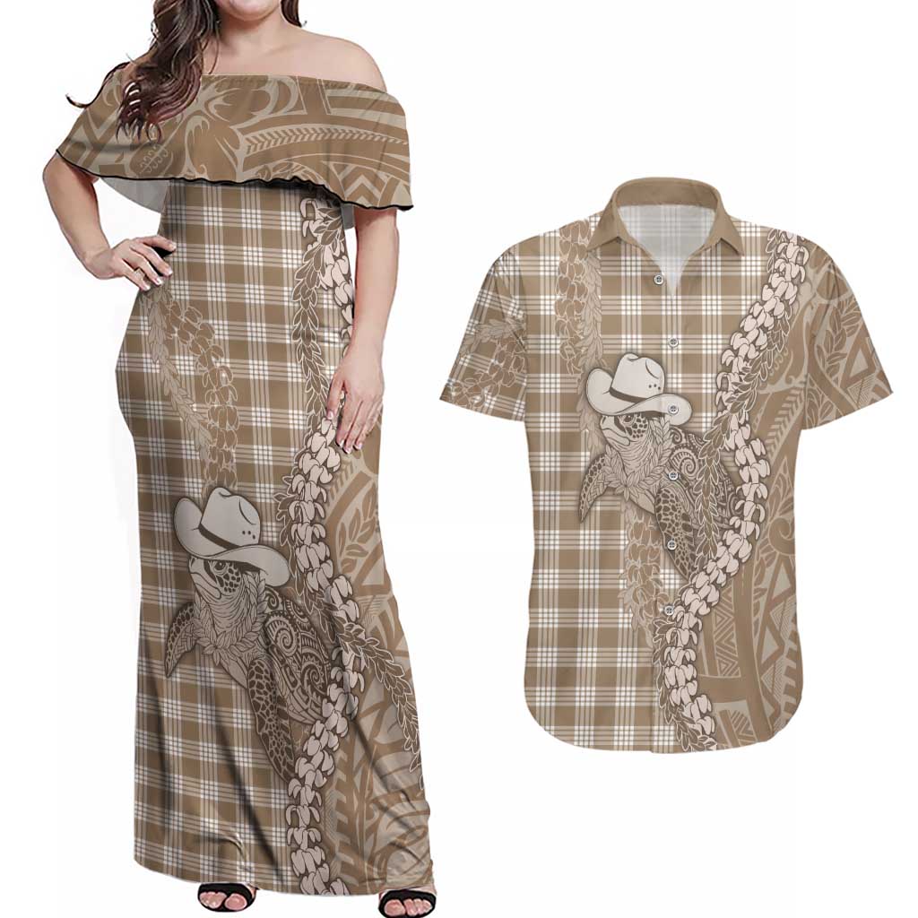 Beige Hawaii Palaka Cowboy Turtle Couples Matching Off Shoulder Maxi Dress and Hawaiian Shirt Hawaiian Paniolo Puakenikeni Maile Lei DT05 Beige - Polynesian Pride