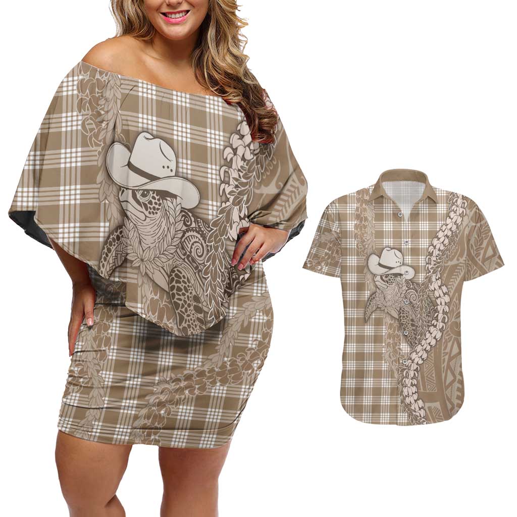 Beige Hawaii Palaka Cowboy Turtle Couples Matching Off Shoulder Short Dress and Hawaiian Shirt Hawaiian Paniolo Puakenikeni Maile Lei DT05 Beige - Polynesian Pride