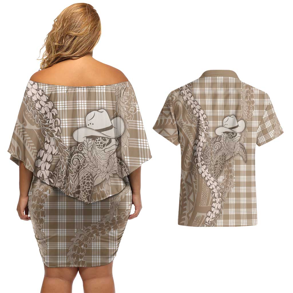 Beige Hawaii Palaka Cowboy Turtle Couples Matching Off Shoulder Short Dress and Hawaiian Shirt Hawaiian Paniolo Puakenikeni Maile Lei DT05 - Polynesian Pride