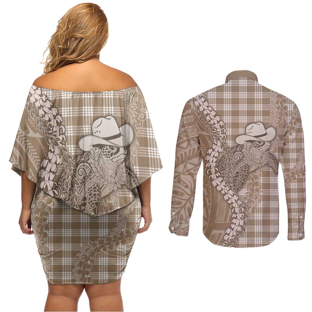 Beige Hawaii Palaka Cowboy Turtle Couples Matching Off Shoulder Short Dress and Long Sleeve Button Shirt Hawaiian Paniolo Puakenikeni Maile Lei DT05 - Polynesian Pride