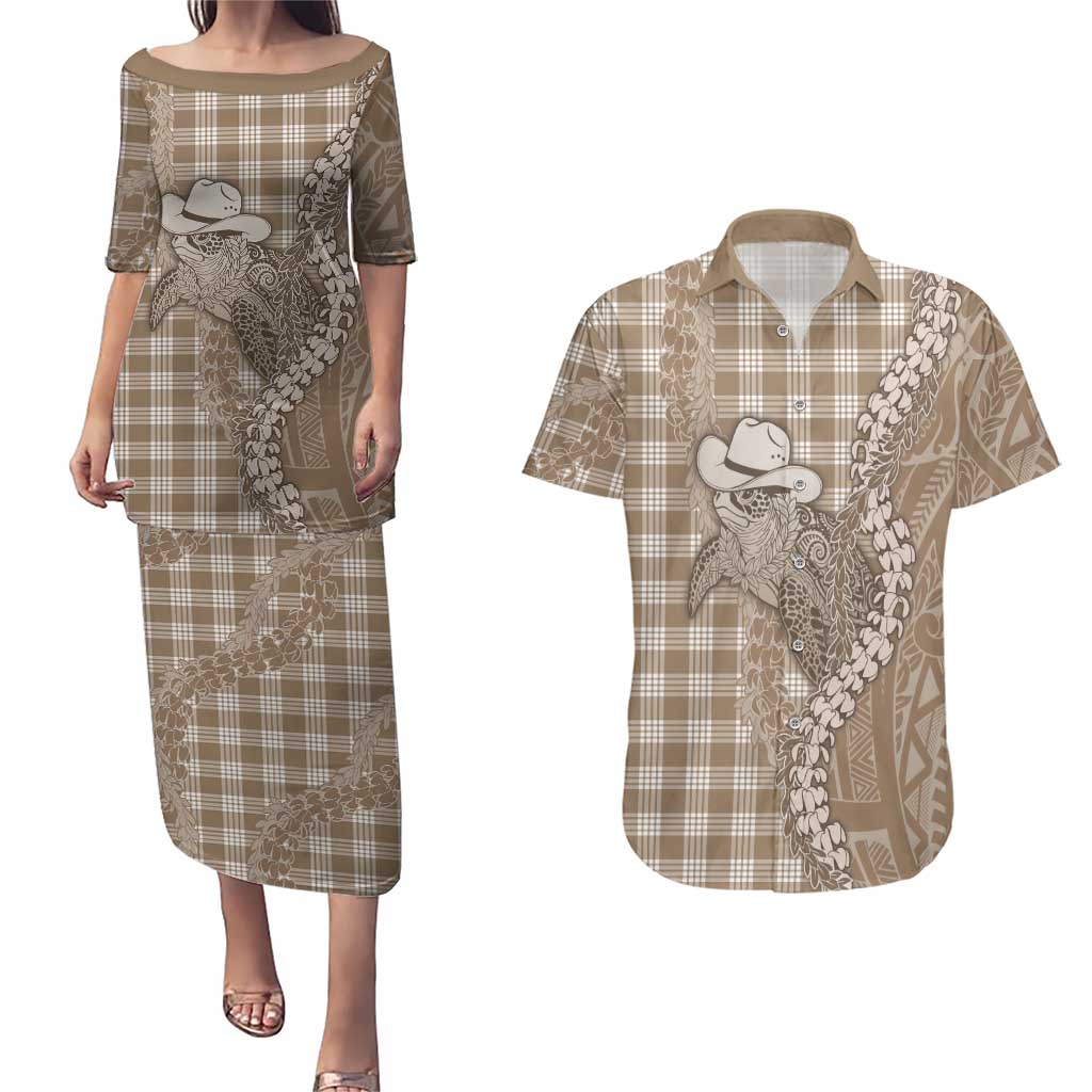 Beige Hawaii Palaka Cowboy Turtle Couples Matching Puletasi and Hawaiian Shirt Hawaiian Paniolo Puakenikeni Maile Lei - Polynesian Pride
