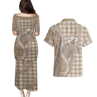 Beige Hawaii Palaka Cowboy Turtle Couples Matching Puletasi and Hawaiian Shirt Hawaiian Paniolo Puakenikeni Maile Lei DT05 - Polynesian Pride