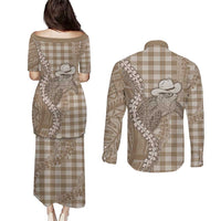 Beige Hawaii Palaka Cowboy Turtle Couples Matching Puletasi and Long Sleeve Button Shirt Hawaiian Paniolo Puakenikeni Maile Lei DT05 - Polynesian Pride