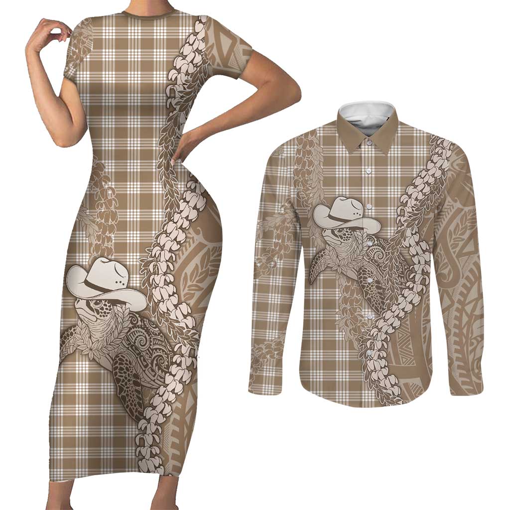 Beige Hawaii Palaka Cowboy Turtle Couples Matching Short Sleeve Bodycon Dress and Long Sleeve Button Shirt Hawaiian Paniolo Puakenikeni Maile Lei DT05 Beige - Polynesian Pride