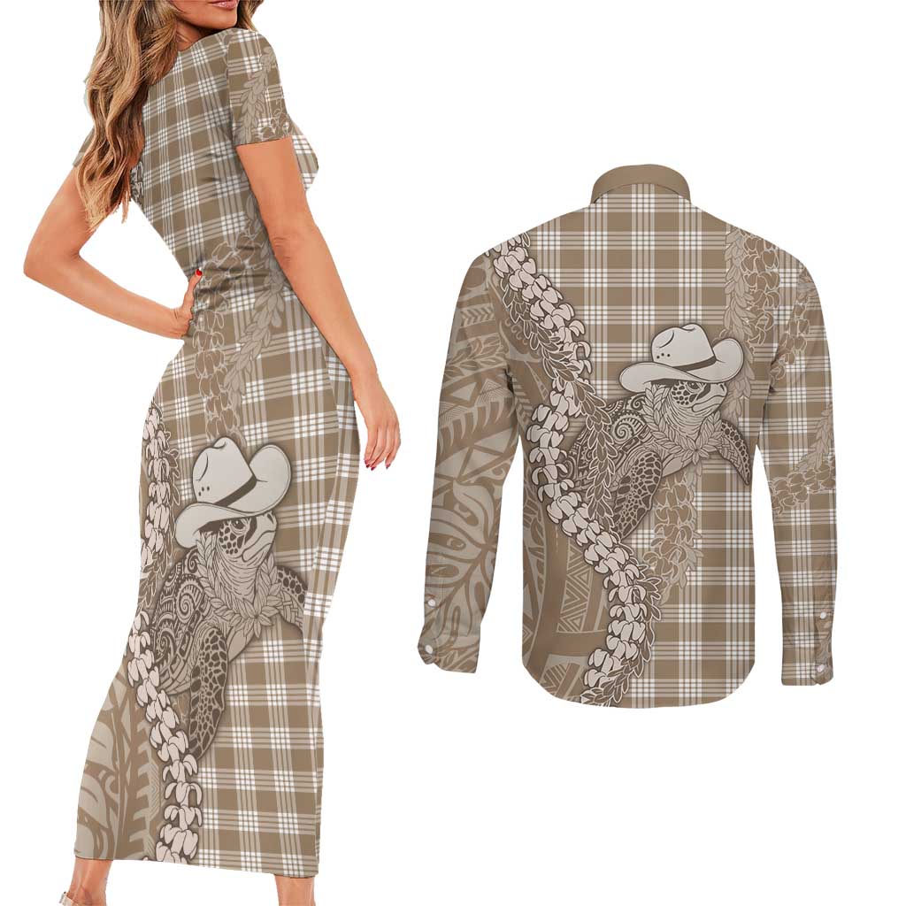 Beige Hawaii Palaka Cowboy Turtle Couples Matching Short Sleeve Bodycon Dress and Long Sleeve Button Shirt Hawaiian Paniolo Puakenikeni Maile Lei DT05 - Polynesian Pride