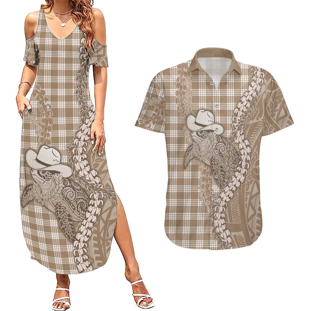 Beige Hawaii Palaka Cowboy Turtle Couples Matching Summer Maxi Dress and Hawaiian Shirt Hawaiian Paniolo Puakenikeni Maile Lei DT05 Beige - Polynesian Pride