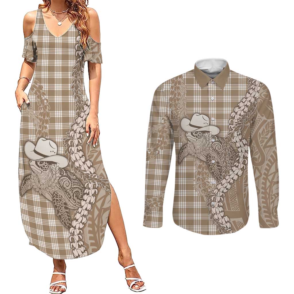Beige Hawaii Palaka Cowboy Turtle Couples Matching Summer Maxi Dress and Long Sleeve Button Shirt Hawaiian Paniolo Puakenikeni Maile Lei DT05 Beige - Polynesian Pride