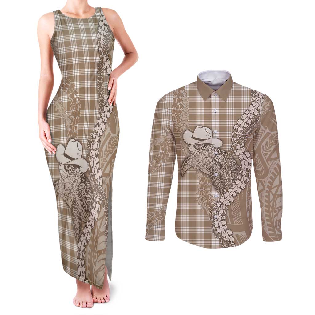 Beige Hawaii Palaka Cowboy Turtle Couples Matching Tank Maxi Dress and Long Sleeve Button Shirt Hawaiian Paniolo Puakenikeni Maile Lei - Polynesian Pride