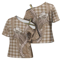 Beige Hawaii Palaka Cowboy Turtle Cross Shoulder Shirt Hawaiian Paniolo Puakenikeni Maile Lei - Polynesian Pride