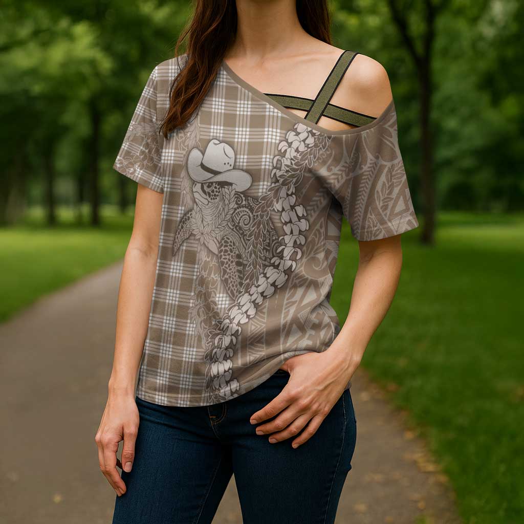 Beige Hawaii Palaka Cowboy Turtle Cross Shoulder Shirt Hawaiian Paniolo Puakenikeni Maile Lei - Polynesian Pride