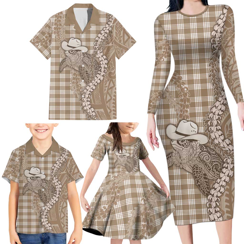 Beige Hawaii Palaka Cowboy Turtle Family Matching Long Sleeve Bodycon Dress and Hawaiian Shirt Hawaiian Paniolo Puakenikeni Maile Lei DT05 - Polynesian Pride