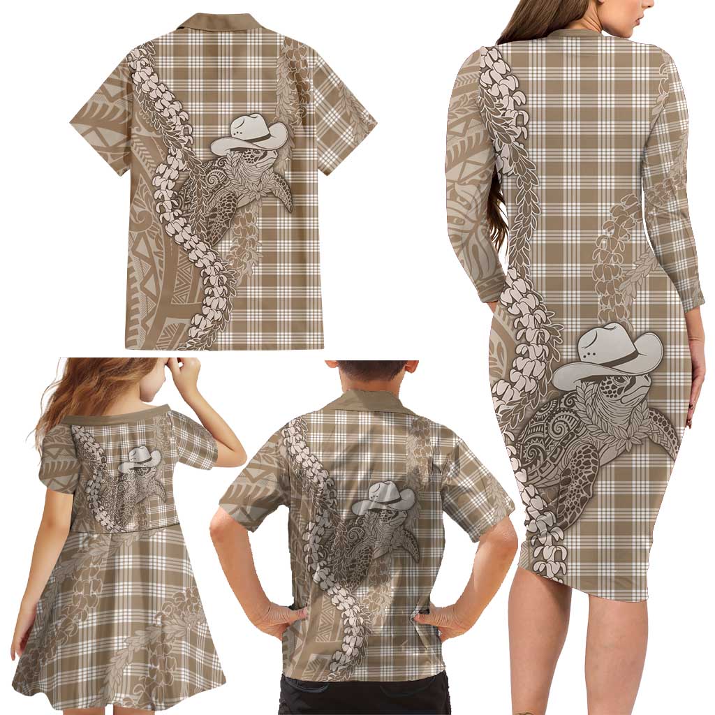 Beige Hawaii Palaka Cowboy Turtle Family Matching Long Sleeve Bodycon Dress and Hawaiian Shirt Hawaiian Paniolo Puakenikeni Maile Lei DT05 - Polynesian Pride