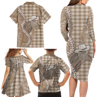 Beige Hawaii Palaka Cowboy Turtle Family Matching Long Sleeve Bodycon Dress and Hawaiian Shirt Hawaiian Paniolo Puakenikeni Maile Lei DT05 - Polynesian Pride