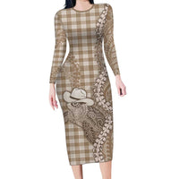 Beige Hawaii Palaka Cowboy Turtle Family Matching Long Sleeve Bodycon Dress and Hawaiian Shirt Hawaiian Paniolo Puakenikeni Maile Lei DT05 Mom's Dress Beige - Polynesian Pride