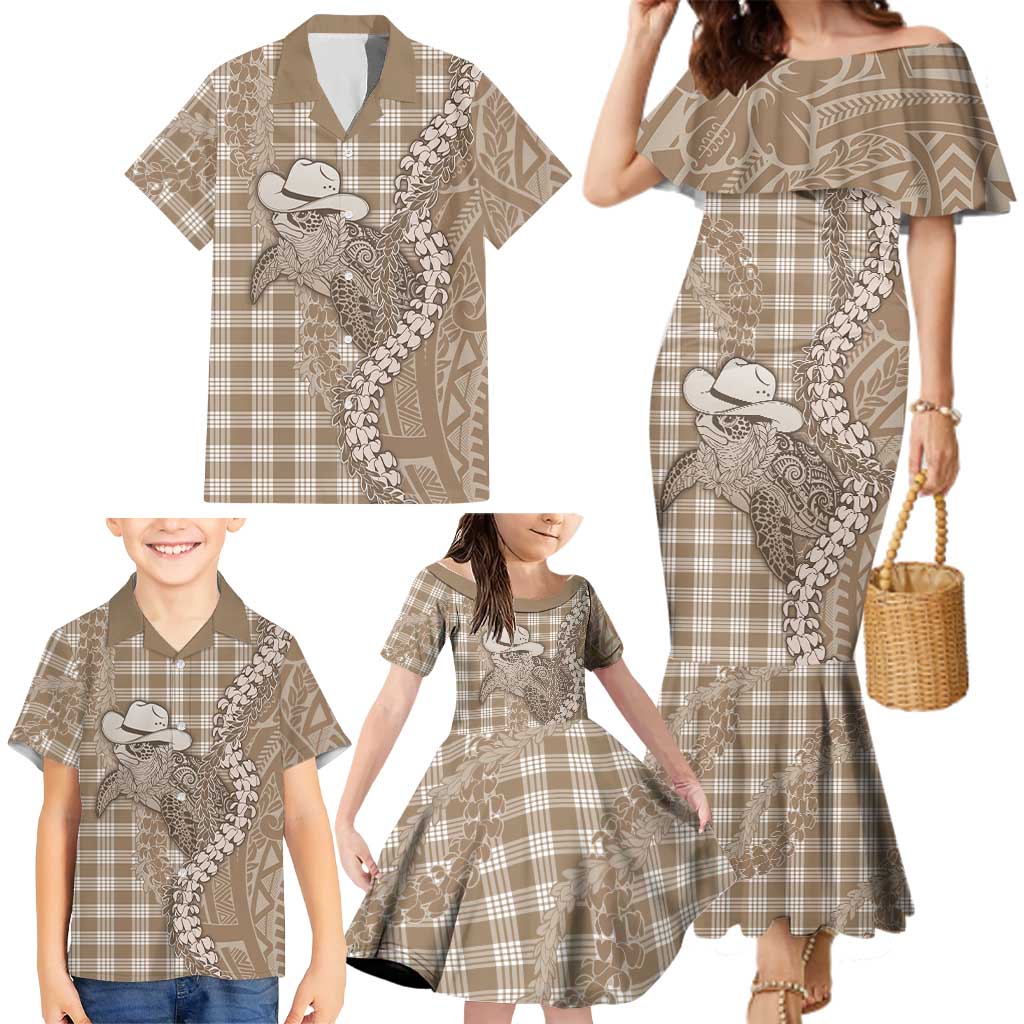 Beige Hawaii Palaka Cowboy Turtle Family Matching Mermaid Dress and Hawaiian Shirt Hawaiian Paniolo Puakenikeni Maile Lei DT05 - Polynesian Pride