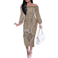 Beige Hawaii Palaka Cowboy Turtle Family Matching Off The Shoulder Long Sleeve Dress and Hawaiian Shirt Hawaiian Paniolo Puakenikeni Maile Lei DT05 Mom's Dress Beige - Polynesian Pride