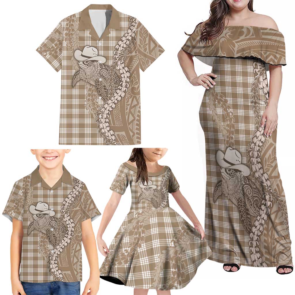 Beige Hawaii Palaka Cowboy Turtle Family Matching Off Shoulder Maxi Dress and Hawaiian Shirt Hawaiian Paniolo Puakenikeni Maile Lei DT05 - Polynesian Pride