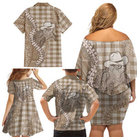 Beige Hawaii Palaka Cowboy Turtle Family Matching Off Shoulder Short Dress and Hawaiian Shirt Hawaiian Paniolo Puakenikeni Maile Lei DT05 - Polynesian Pride