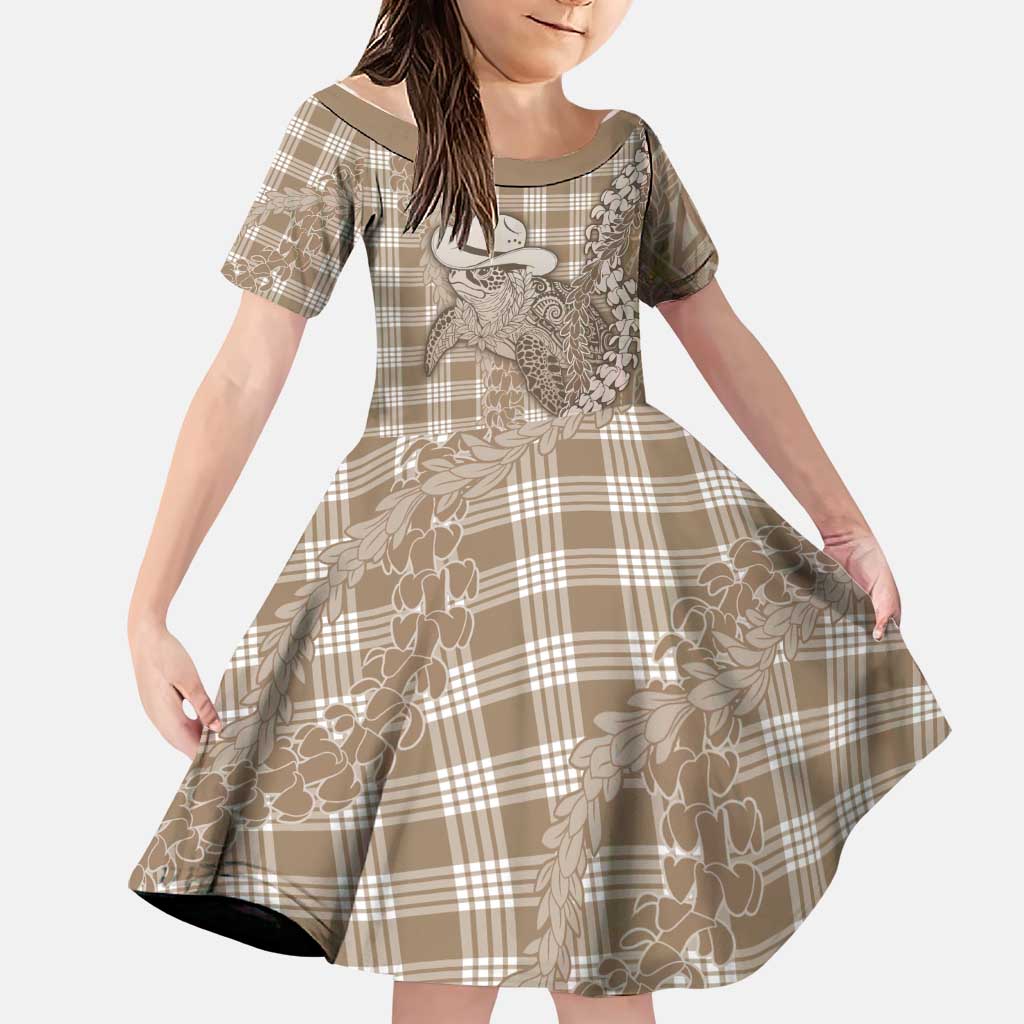 Beige Hawaii Palaka Cowboy Turtle Family Matching Puletasi and Hawaiian Shirt Hawaiian Paniolo Puakenikeni Maile Lei DT05 Daughter's Dress Beige - Polynesian Pride