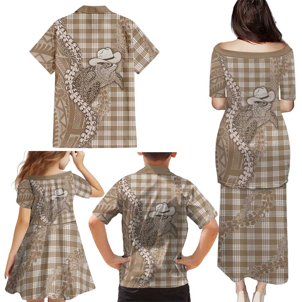 Beige Hawaii Palaka Cowboy Turtle Family Matching Puletasi and Hawaiian Shirt Hawaiian Paniolo Puakenikeni Maile Lei DT05 - Polynesian Pride
