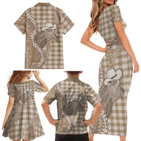 Beige Hawaii Palaka Cowboy Turtle Family Matching Short Sleeve Bodycon Dress and Hawaiian Shirt Hawaiian Paniolo Puakenikeni Maile Lei DT05 - Polynesian Pride