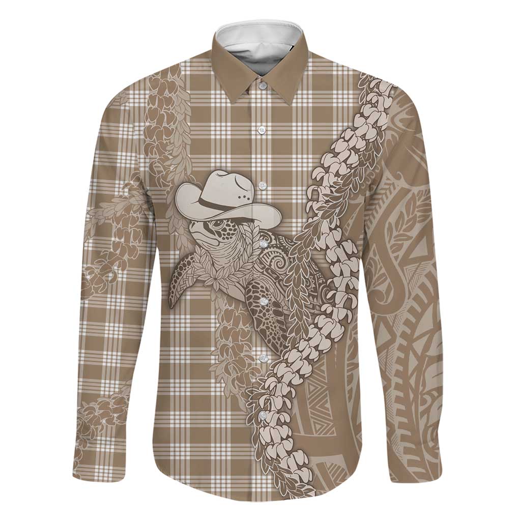 Beige Hawaii Palaka Cowboy Turtle Family Matching Short Sleeve Bodycon Dress and Hawaiian Shirt Hawaiian Paniolo Puakenikeni Maile Lei DT05 Dad's Shirt - Long Sleeve Beige - Polynesian Pride