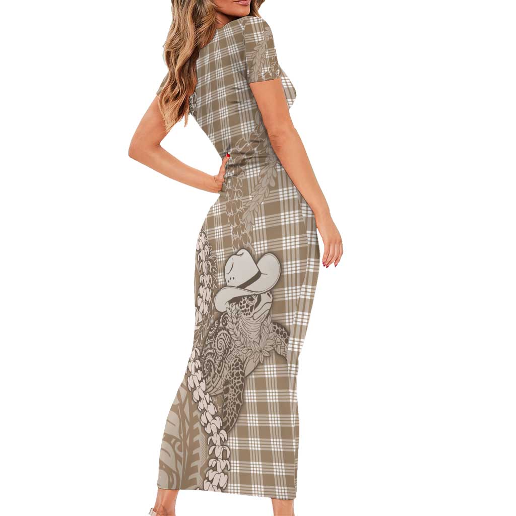 Beige Hawaii Palaka Cowboy Turtle Family Matching Short Sleeve Bodycon Dress and Hawaiian Shirt Hawaiian Paniolo Puakenikeni Maile Lei DT05 - Polynesian Pride