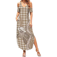 Beige Hawaii Palaka Cowboy Turtle Family Matching Summer Maxi Dress and Hawaiian Shirt Hawaiian Paniolo Puakenikeni Maile Lei DT05 Mom's Dress Beige - Polynesian Pride