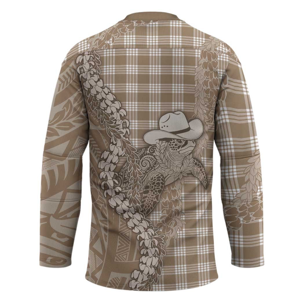 Beige Hawaii Palaka Cowboy Turtle Hockey Jersey Hawaiian Paniolo Puakenikeni Maile Lei - Polynesian Pride