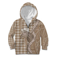 Beige Hawaii Palaka Cowboy Turtle Kid Hoodie Hawaiian Paniolo Puakenikeni Maile Lei DT05 Zip Hoodie Beige - Polynesian Pride