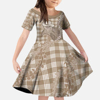 Beige Hawaii Palaka Cowboy Turtle Kid Short Sleeve Dress Hawaiian Paniolo Puakenikeni Maile Lei - Polynesian Pride