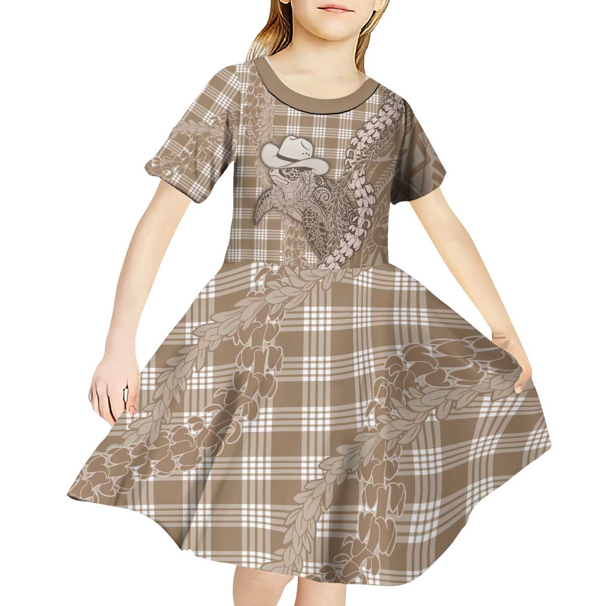 Beige Hawaii Palaka Cowboy Turtle Kid Short Sleeve Dress Hawaiian Paniolo Puakenikeni Maile Lei - Polynesian Pride