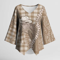 Beige Hawaii Palaka Cowboy Turtle Kimono Sleeve Blouse Hawaiian Paniolo Puakenikeni Maile Lei - Polynesian Pride