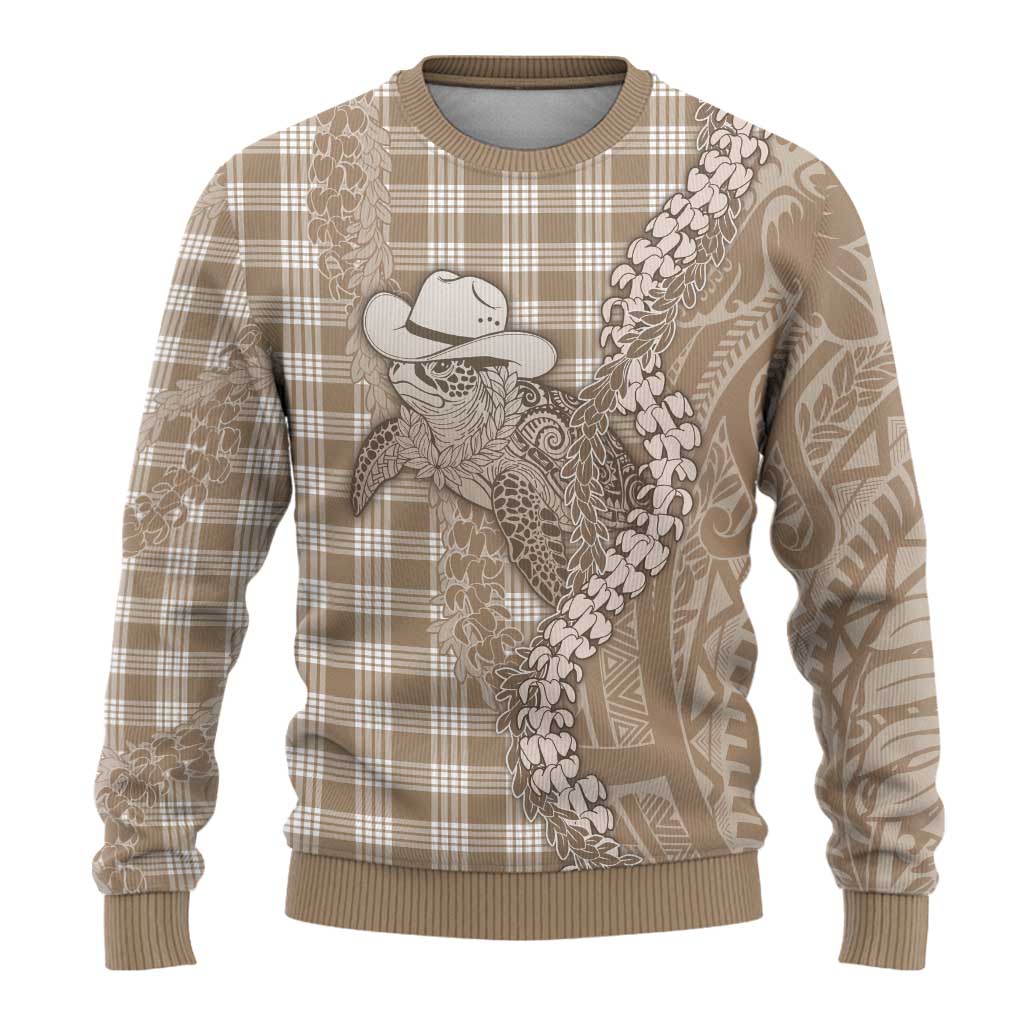 Beige Hawaii Palaka Cowboy Turtle Ugly Christmas Sweater Hawaiian Paniolo Puakenikeni Maile Lei - Polynesian Pride