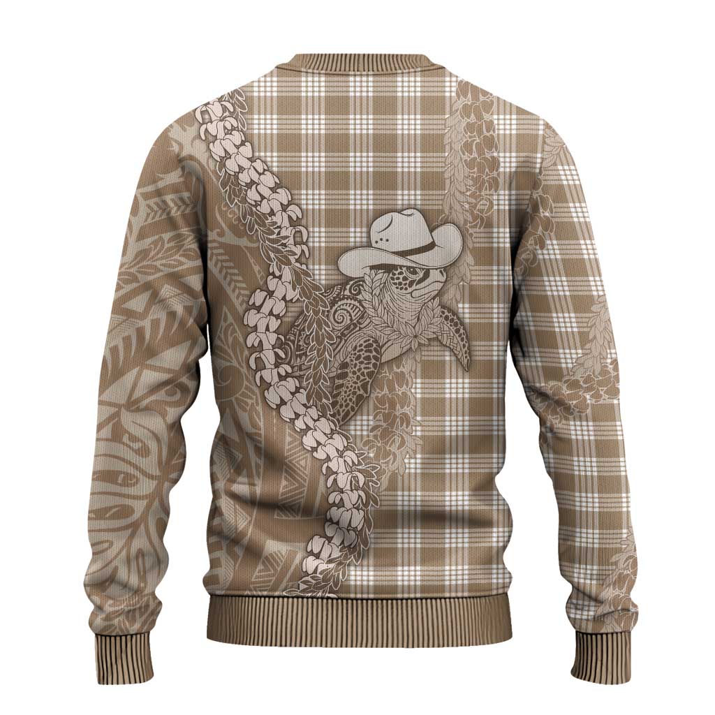 Beige Hawaii Palaka Cowboy Turtle Ugly Christmas Sweater Hawaiian Paniolo Puakenikeni Maile Lei - Polynesian Pride