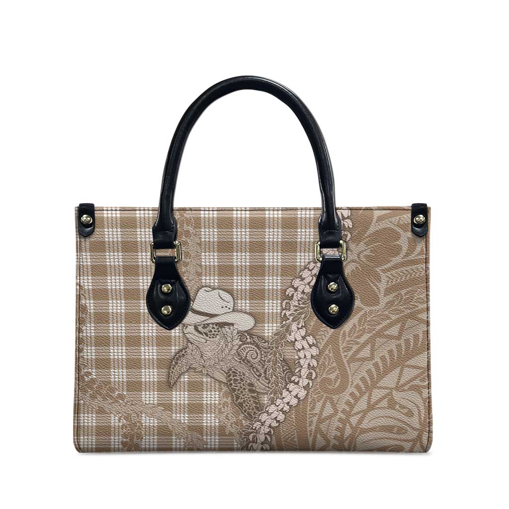 Beige Hawaii Palaka Cowboy Turtle Leather Bag Hawaiian Paniolo Puakenikeni Maile Lei - Polynesian Pride