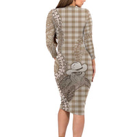 Beige Hawaii Palaka Cowboy Turtle Long Sleeve Bodycon Dress Hawaiian Paniolo Puakenikeni Maile Lei DT05 - Polynesian Pride