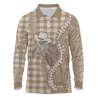 Beige Hawaii Palaka Cowboy Turtle Long Sleeve Polo Shirt Hawaiian Paniolo Puakenikeni Maile Lei DT05 Beige - Polynesian Pride