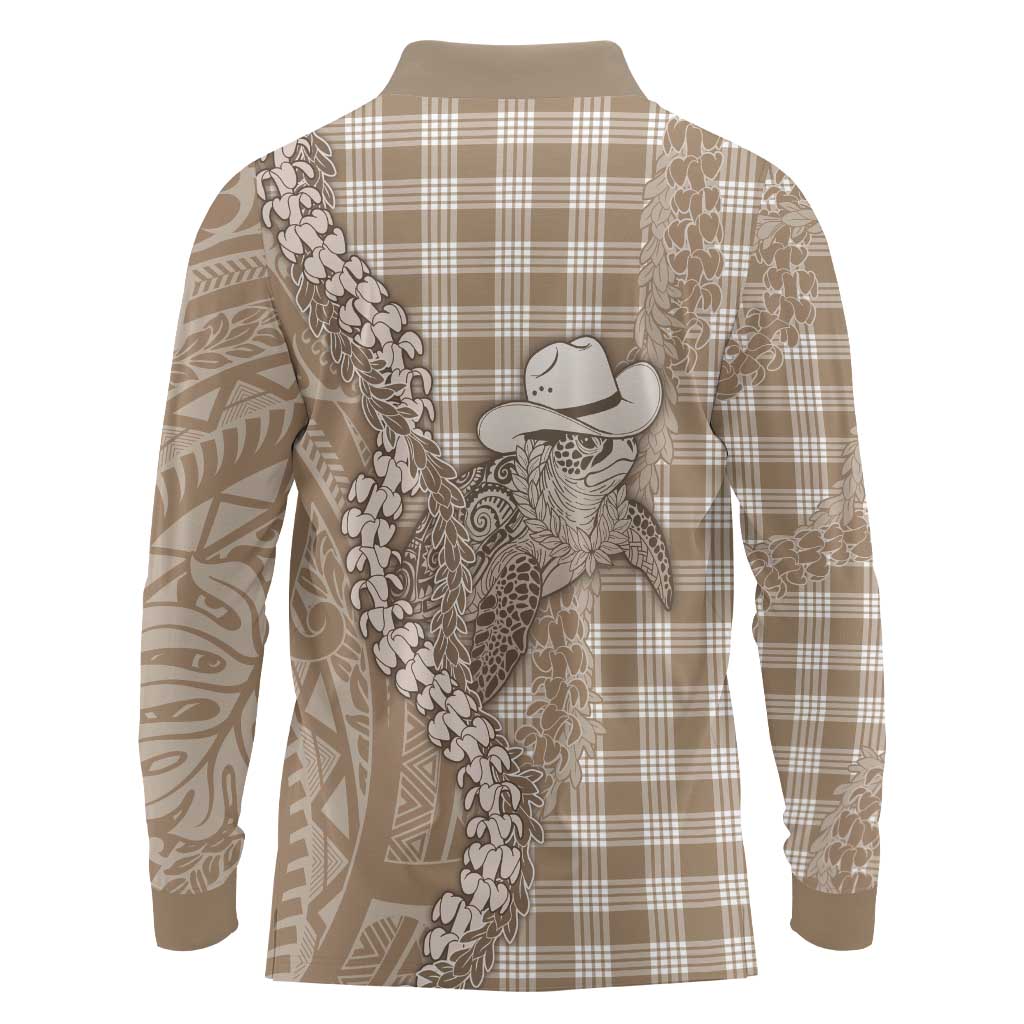 Beige Hawaii Palaka Cowboy Turtle Long Sleeve Polo Shirt Hawaiian Paniolo Puakenikeni Maile Lei DT05 - Polynesian Pride