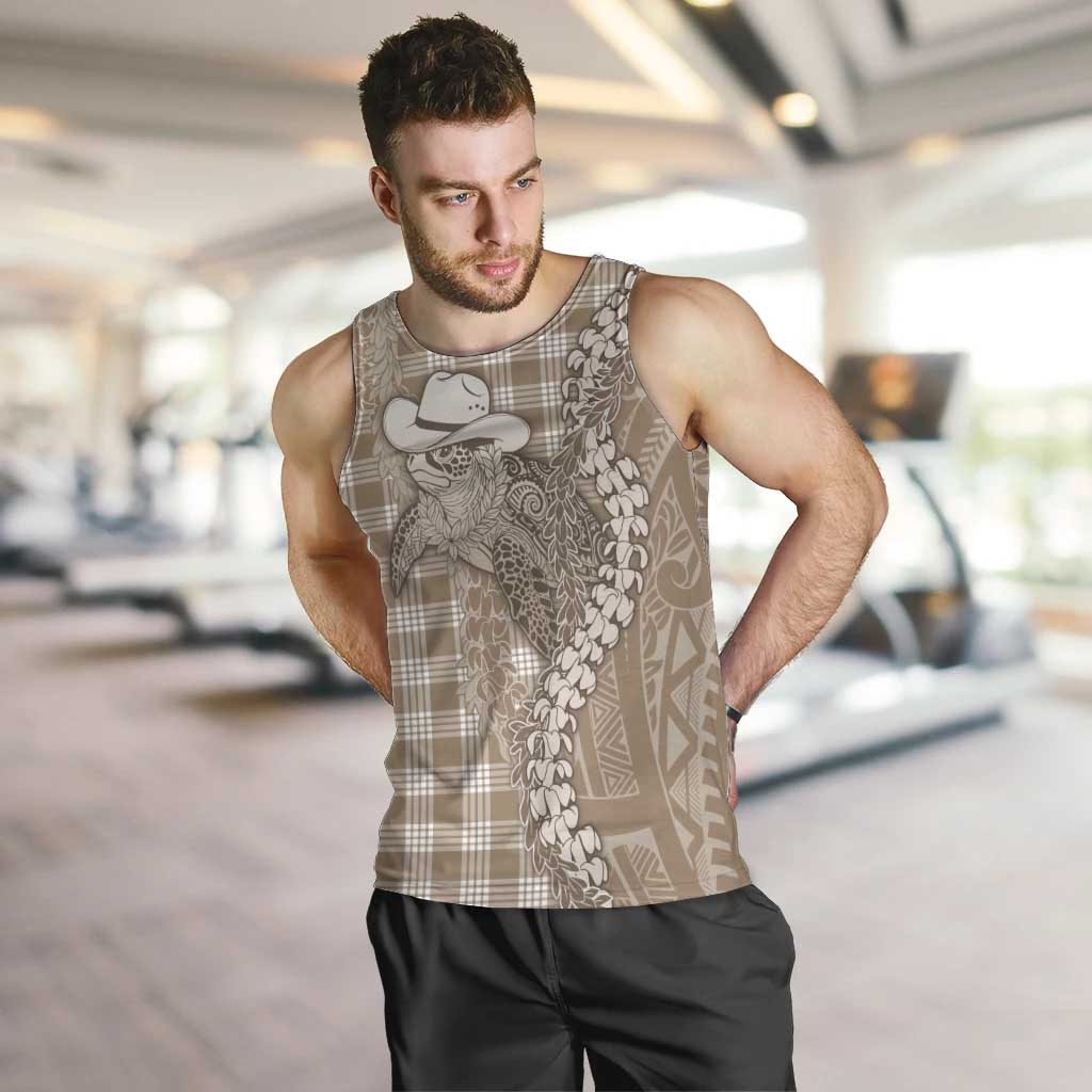 Beige Hawaii Palaka Cowboy Turtle Men Tank Top Hawaiian Paniolo Puakenikeni Maile Lei - Polynesian Pride