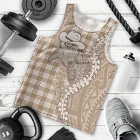 Beige Hawaii Palaka Cowboy Turtle Men Tank Top Hawaiian Paniolo Puakenikeni Maile Lei - Polynesian Pride