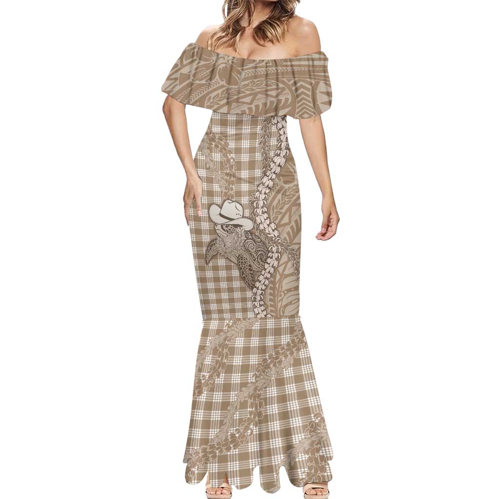Beige Hawaii Palaka Cowboy Turtle Mermaid Dress Hawaiian Paniolo Puakenikeni Maile Lei DT05 - Polynesian Pride