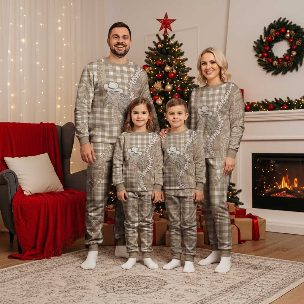 Beige Hawaii Palaka Cowboy Turtle Christmas Pajama Set Hawaiian Paniolo Puakenikeni Maile Lei - Polynesian Pride